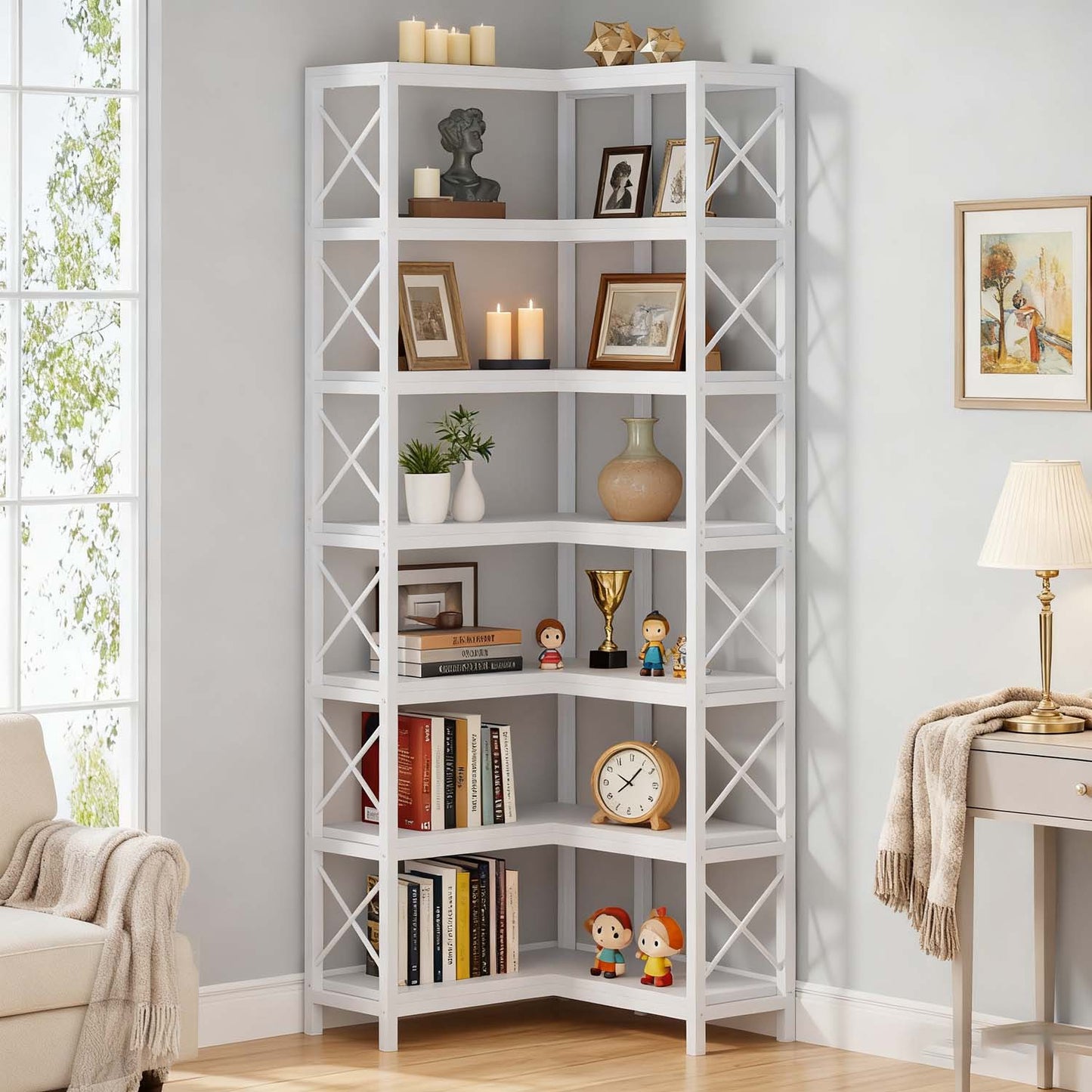 Tall 7 Tier Corner Bookcase with Sturdy Metal Frame, Large Industrial Style Corner Bookshelf and Display Storage Rack for Living Room or Home Office, Clean White Finish