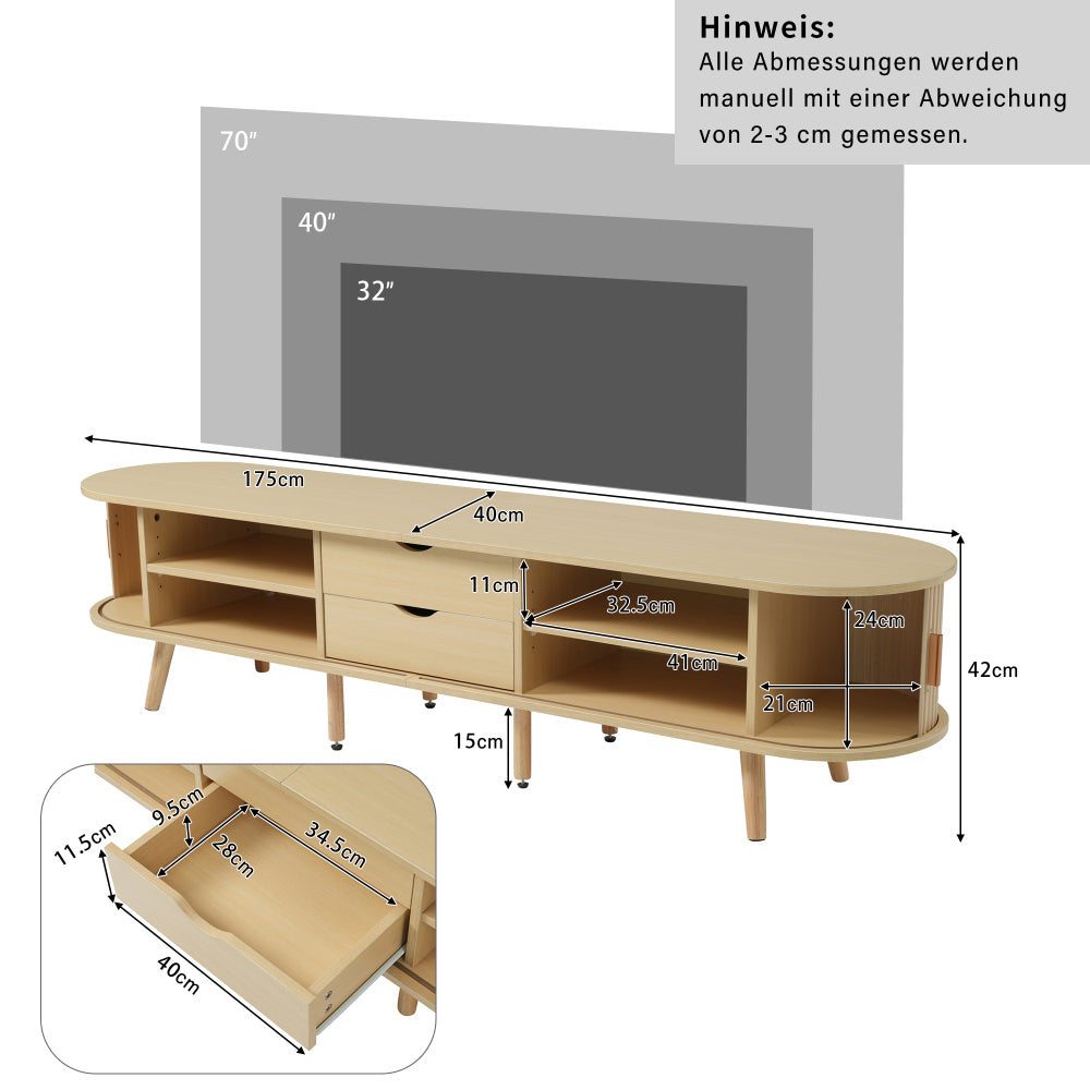 Living room television cabinet featuring a circular tabletop design with two drawers, each capable of bearing up to 30 kilograms. Minimalist contemporary style. Dimensions: 175 x 40 x 42 centimetres.,  Media Console, Sleek St