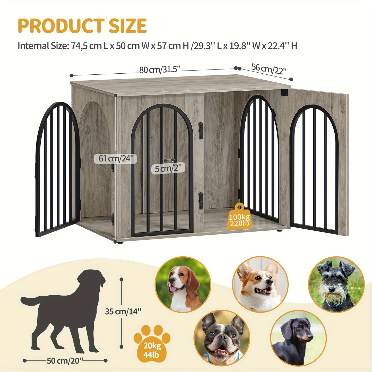 Hondenbench – Hondenkooi – Kennel – Hondenhok – Huisdierbench – Ruim 80x56x61 cm – Stijlvol met Zijtafeltje en Verstelbare Poten – Stevige Roestvrijstalen Constructie