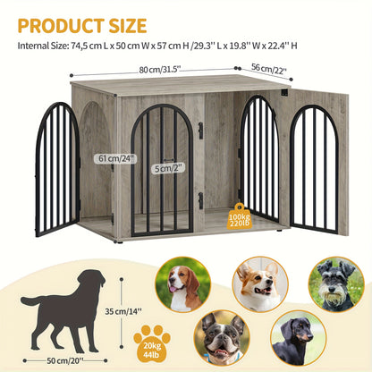 Hondenbench – Hondenkooi – Kennel – Hondenhok – Huisdierbench – Ruim 80x56x61 cm – Stijlvol met Zijtafeltje en Verstelbare Poten – Stevige Roestvrijstalen Constructie