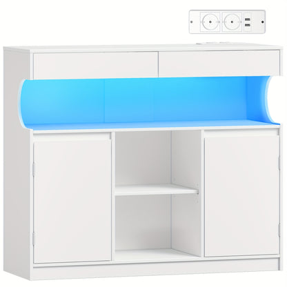 Dressoir – Sideboard – Buffetkast – Opbergkast – Keukenkast – Met Ingebouwde Stekkerdoos – LED-verlichting – 2 Laden – 2 Deuren – Verstelbare Planken – Wit – 30x100x85 cm