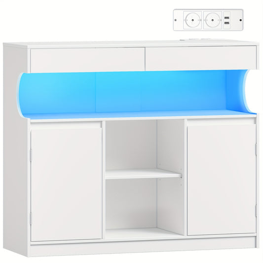 Dressoir – Sideboard – Buffetkast – Opbergkast – Keukenkast – Met Ingebouwde Stekkerdoos – LED-verlichting – 2 Laden – 2 Deuren – Verstelbare Planken – Wit – 30x100x85 cm