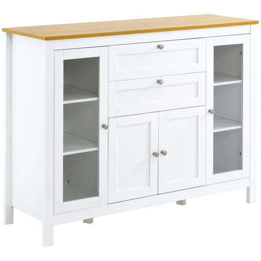 Dressoir – Buffet – Kast – Opbergmeubel – Woonkamermeubel – Wit Met Houtlook – 2 Glazen Deuren – Verstelbare Planken – 2 Lades – 1 Afsluitbare Kast – MDF En Metaal – Anti-Kantel Veiligheid