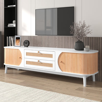 Wood Blend TV Meubel – TV Kast – TV Stand – Entertainment Unit – TV Dressoir – Rattan Zijkanten – Natuurlijke Landelijke Stijl – Met Deuren En Lades