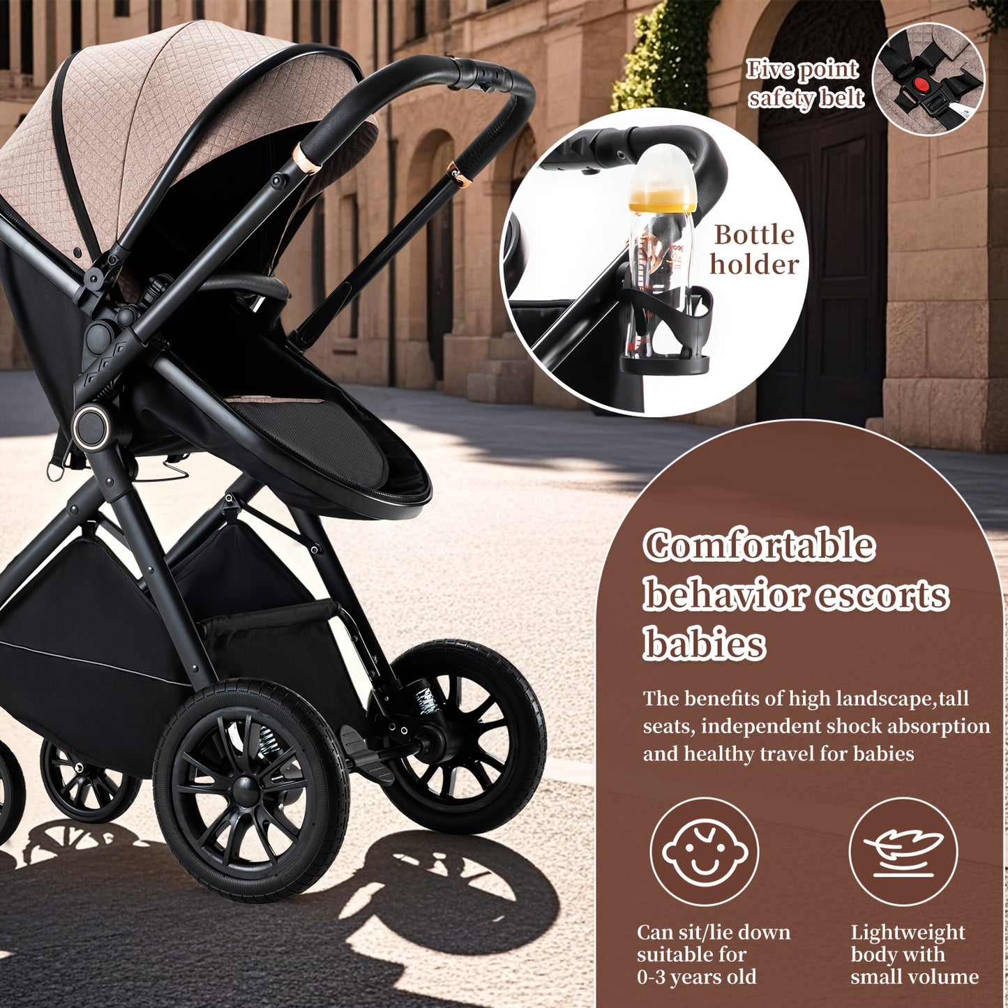 3-in-1 Kinderwagen – Buggy – Combi Stroller – Baby Bed – Wandelwagen Khaki – Aluminium Frame – Eenvoudig Eén-klik Vouwen