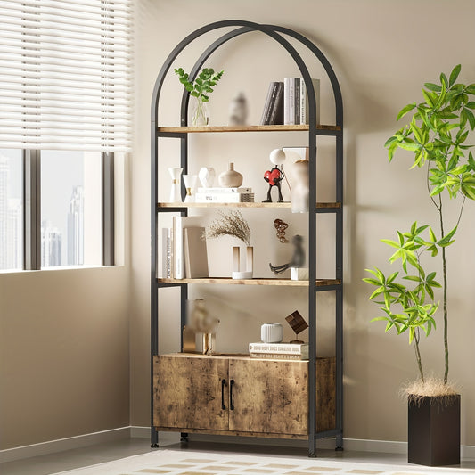 4-laagse Boekenplank – Boekenkast – Open Kast – Vakkenkast – Opbergkast – Wit – Industrieel Metalen Frame – 181,6 cm Hoog – Boogvormig Design Met Deuren