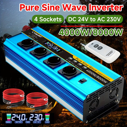 Omvormer 12V naar 230V – Inverter – Stroomomvormer – Spanningsomzetter – Power Converter – 4000W Continu Vermogen – Pure Sinusgolf & 4 Stopcontacten