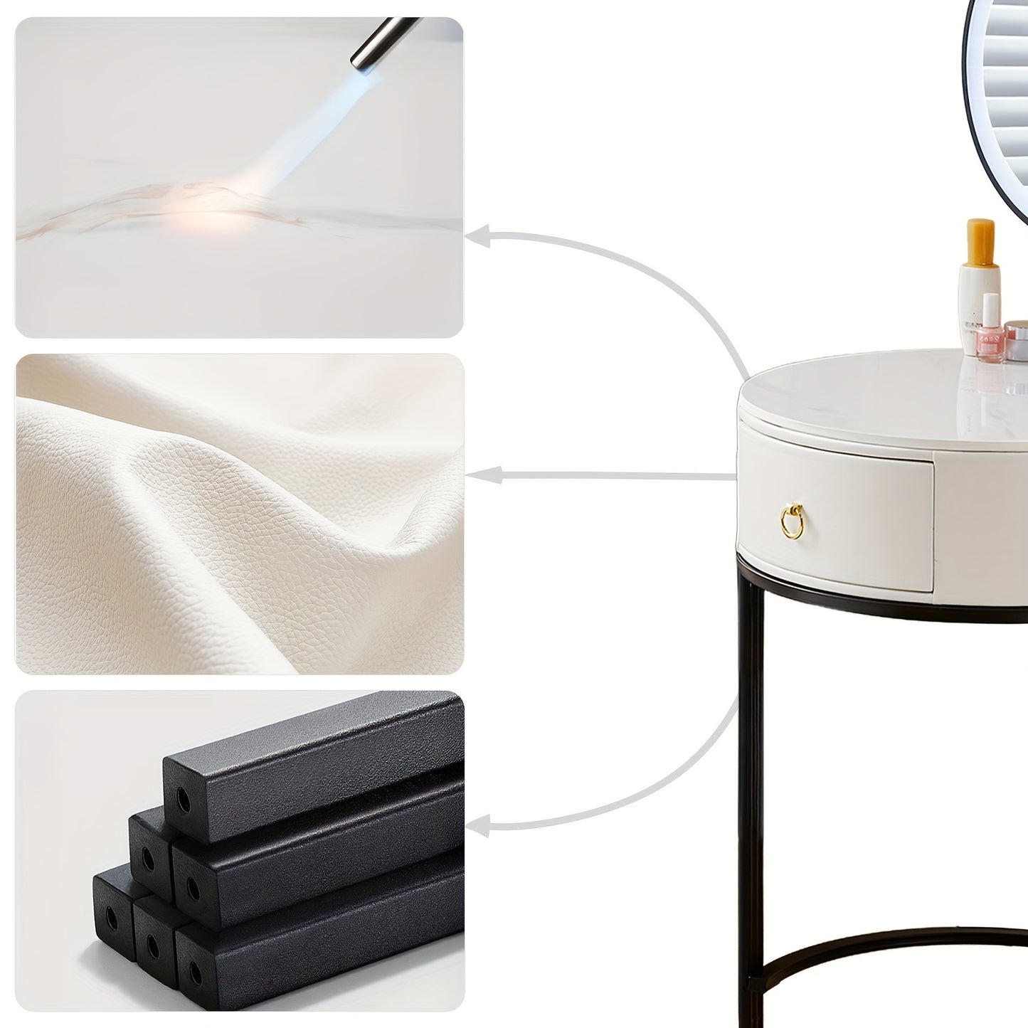 Make-up Vanity – Make-uptafel – Schminktisch – Make-up Bureau – Make-up Meubel – Wit – Rond Design – Sintered Stone Blad – Inclusief Kruk en Spiegel