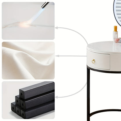 Make-up Vanity – Make-uptafel – Schminktisch – Make-up Bureau – Make-up Meubel – Wit – Rond Design – Sintered Stone Blad – Inclusief Kruk en Spiegel