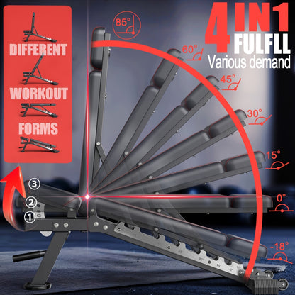 Verstelbare Trainingsbank – Fitnessbank – Krachtbank – Workoutbank – Gewichtbank – 550 kg Draagkracht – 4-in-1 Verstelbare Posities