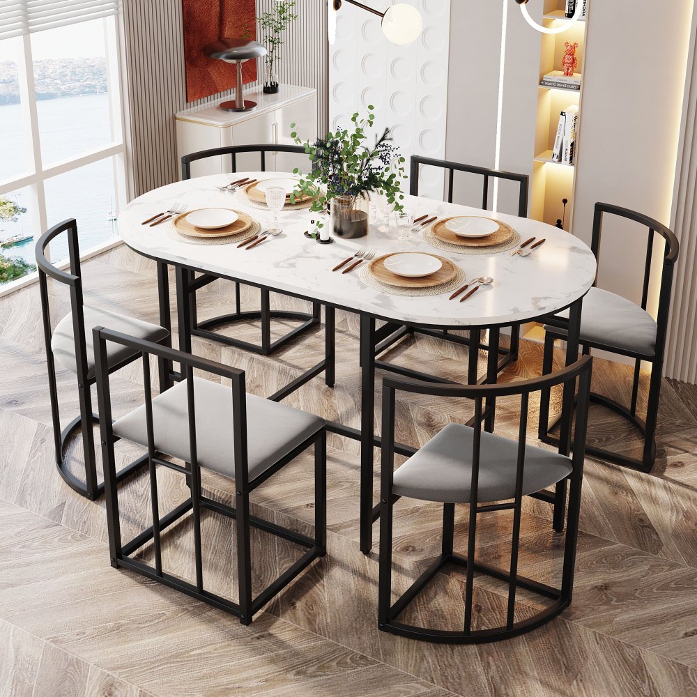 Eettafelset 6 Personen – Dining Table Set – Eetkamerset – Tafeltje Met Stoelen – Restaurantmeubilair – Modern Design – Wit MDF Blad – Zwart Metalen Frame – Comfortabele Grijze Stoelen – Duurzaam & Stevig