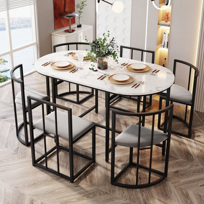 Eettafelset 6 Personen – Dining Table Set – Eetkamerset – Tafeltje Met Stoelen – Restaurantmeubilair – Modern Design – Wit MDF Blad – Zwart Metalen Frame – Comfortabele Grijze Stoelen – Duurzaam & Stevig
