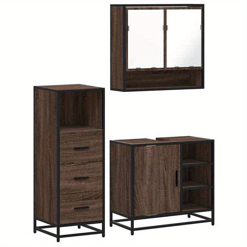Badkamermeubelset – Badkamerkast – Wastafelonderkast – Spiegelkast – Opbergmeubel – Bruin Eikenlook – 3-Delige Set – Hoogwaardige Materialen