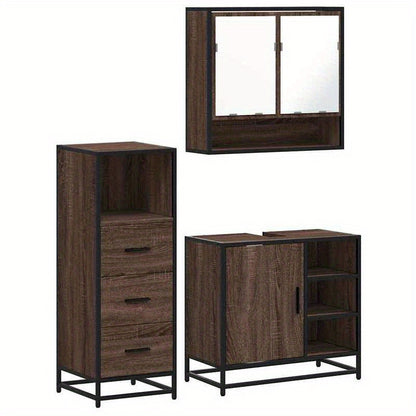 Badkamermeubelset – Badkamerkast – Wastafelonderkast – Spiegelkast – Opbergmeubel – Bruin Eikenlook – 3-Delige Set – Hoogwaardige Materialen