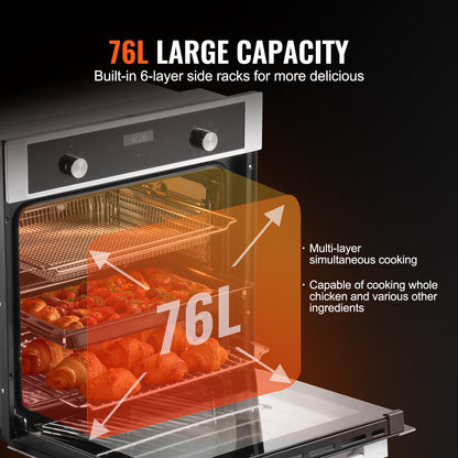 Inbouwoven – Elektrische Oven – Heteluchtoven – Multifunctionele Oven – Muuroven – 76 Liter Inhoud – Snelle Voorverwarming 3550W