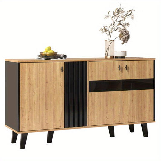 Dressoir – Buffettafel – Opbergkast – Sideboard – Ladekast – Hout Zwart Met Glas – 140x78,5x41 cm – Duurzaam Spaanplaat Met Stijlvol Design
