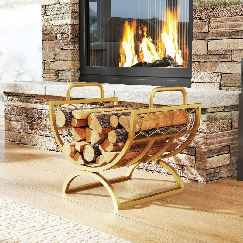 Houthouder – Houtrek – Haardhoutopslag – Houtmand – Houtkorf – Gouden Kleur – 46x36x41 cm – Metalen Poedercoating