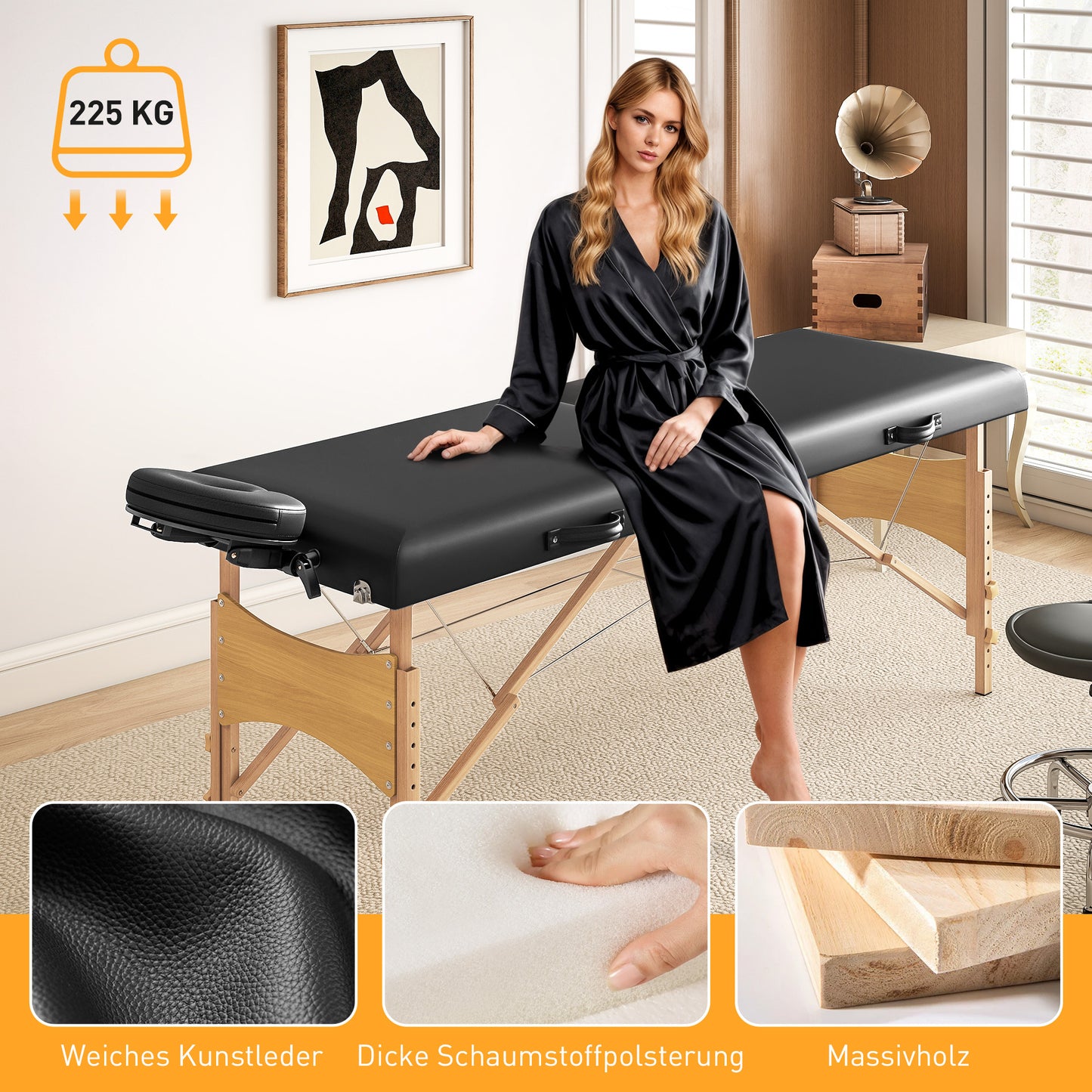 Verstelbare Massagebank – Massagebed – Massagetafel – Massagemeubel – Houten Massagebank – Hoogte Verstelbaar – Opvouwbaar Design – Zwarte Foam Bekleding