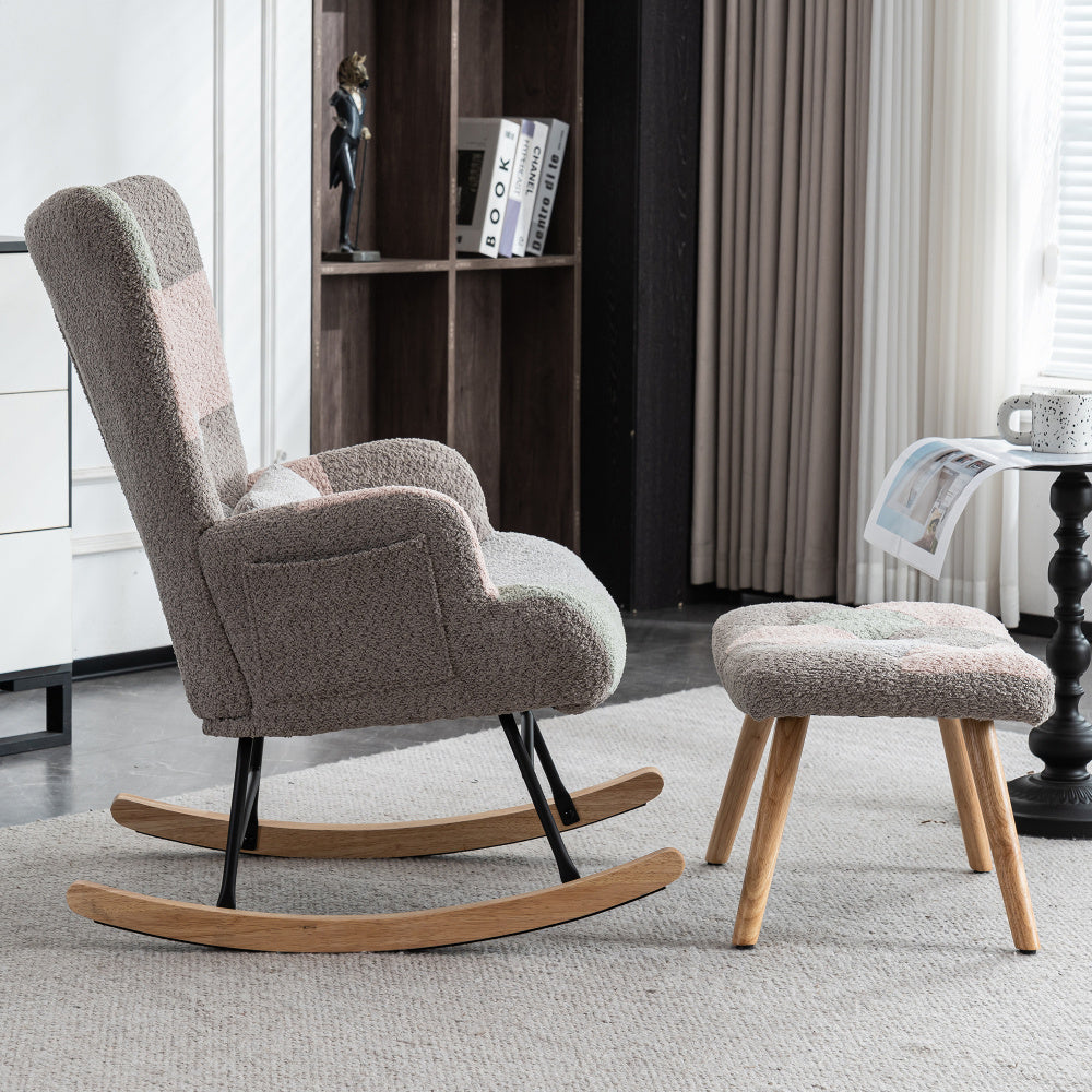 Schommelstoel – Lounge Chair – Fauteuil – Relaxstoel – Tuinstoel – Met rubberhouten frame – Memory foam zitkussen & lendensteun – Inclusief voetenbankje (49x38x37 cm) – Multicolor design