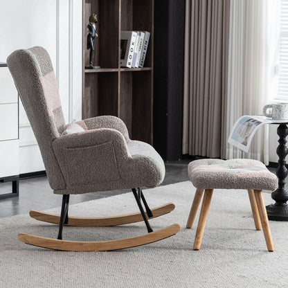Schommelstoel – Lounge Chair – Fauteuil – Relaxstoel – Tuinstoel – Met rubberhouten frame – Memory foam zitkussen & lendensteun – Inclusief voetenbankje (49x38x37 cm) – Multicolor design