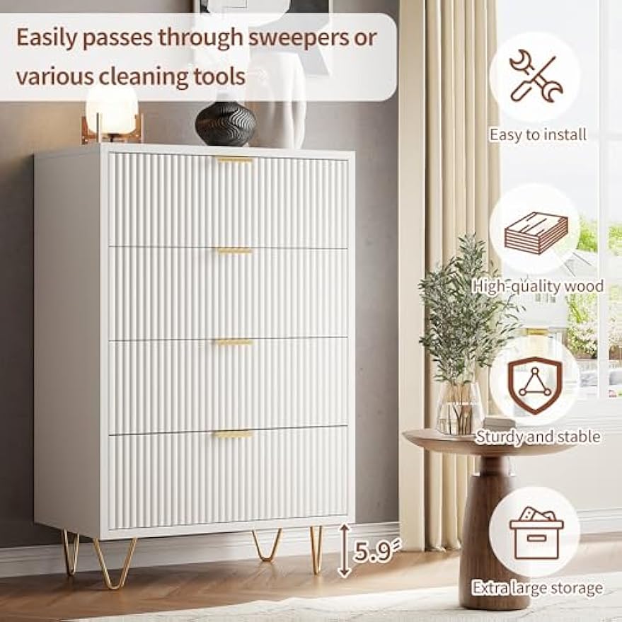 Witte Ladekast – Ladekast Met 4 Lades – Ladekast Opbergkast – Dressoir – Compact Meubel – 60x33x90 cm – MDF Met Gouden Details