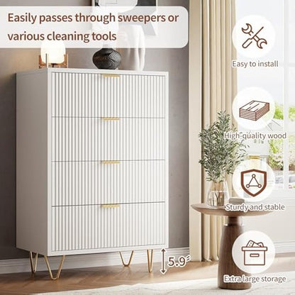 Witte Ladekast – Ladekast Met 4 Lades – Ladekast Opbergkast – Dressoir – Compact Meubel – 60x33x90 cm – MDF Met Gouden Details