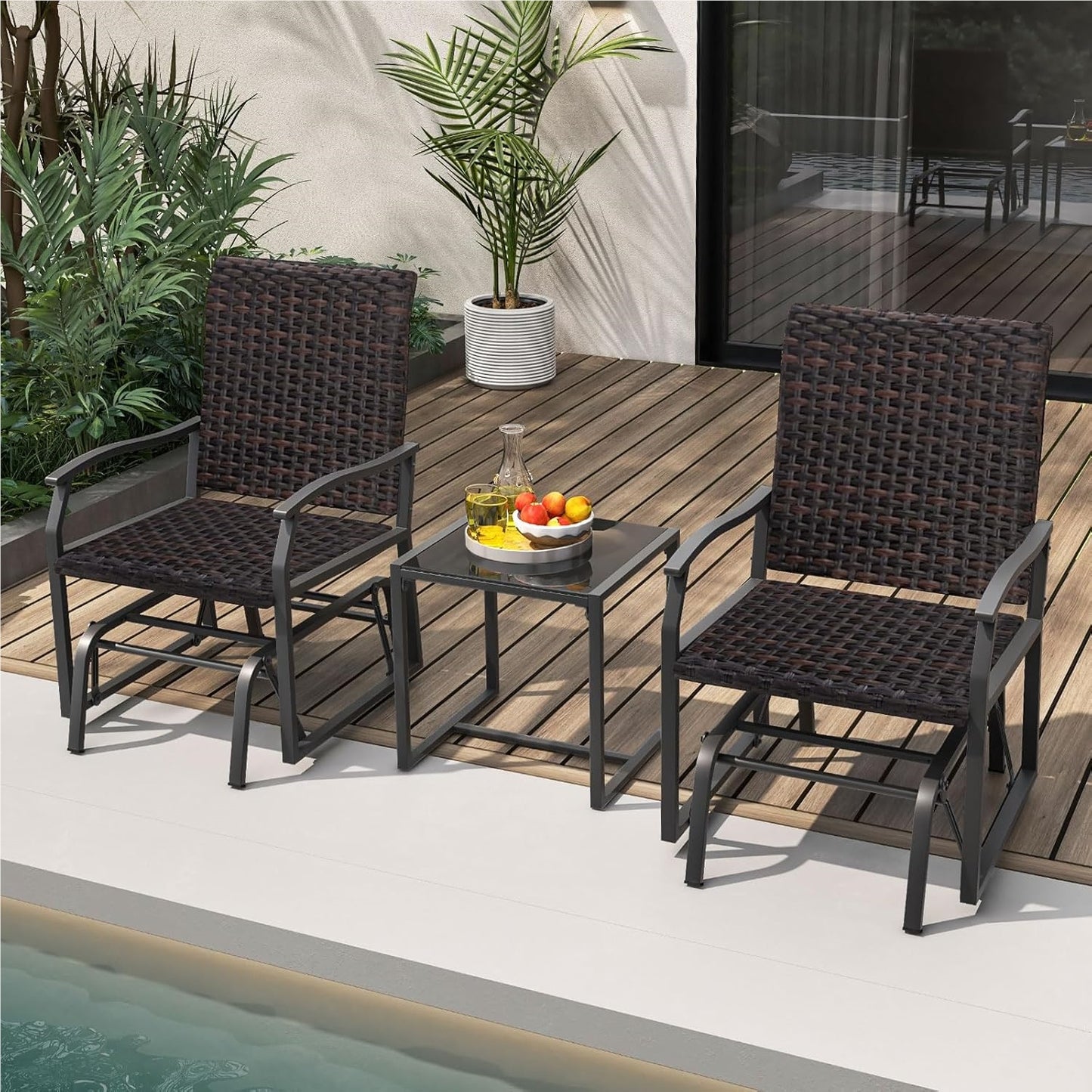 3-Delige Balkonset – Rattan Balkonmeubel – Tuinmeubelen – Terras Set – Buitenmeubilair – Gevlochten Rattan – Comfortabele Gevoerde Stoelen – Tempered Glas Tafel