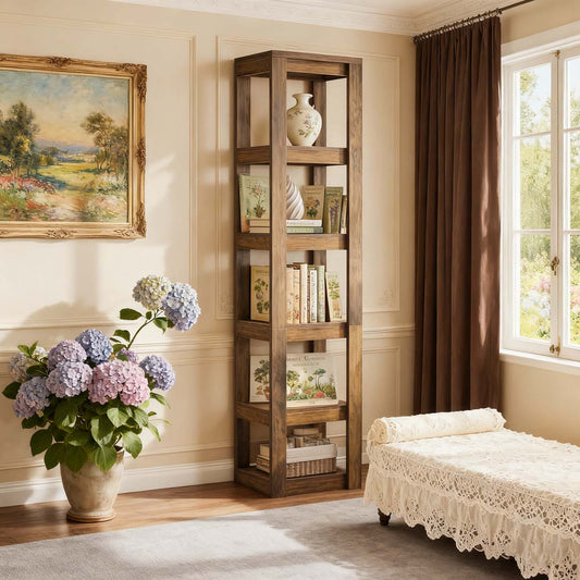 Boekenkast – Boekenrek – Opbergrek – Wandrek – Vakkenkast – 180 cm Hoog – Smal Hoekontwerp – Anti-Kantelbeveiliging – Rustiek Bruin E1 Spaanplaat – 6-Lagen Vrijstaand – Eenvoudige Montage