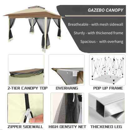 3.6*3.6m Outdoor Gazebo Pop Up Gazebo Canopy With Mosquito Netting Patio Gazebo Canopy Tent Backyard Canopy With 2-Tiered Vented Top 3 Adjustable Height And 144 Square Ft Of Shade