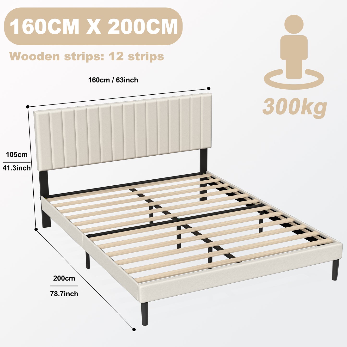 Upholstered Bed Frame with Headboard and Slatted Base, Sturdy Metal Platform, Mattress Foundation, Black/Beige