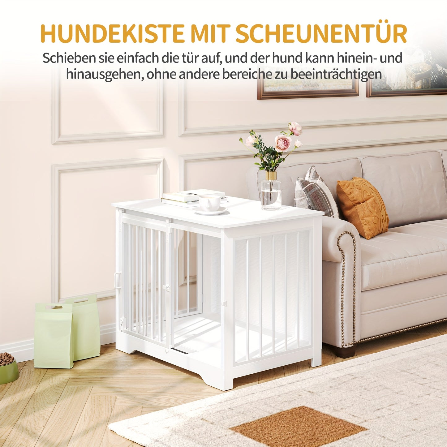 Hondenbench – Hondenkooi – Hondenbox – Hondenhok – Hondenren – Modern Wit MDF Hout – 2 Schuifdeuren – Geschikt Voor Kleine en Middelgrote Honden – Afmetingen 55x81x67,5 cm