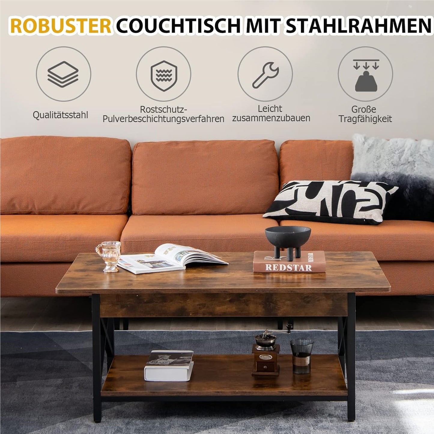 Salontafel – Koffietafel – Woonkamertafel – Bijzettafel – Houten Tafel – Industrieel Design – Extra Opbergruimte – Robuust Metalen Frame – 110 x 60 x 48 cm – Rustic Brown