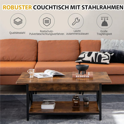 Salontafel – Koffietafel – Woonkamertafel – Bijzettafel – Houten Tafel – Industrieel Design – Extra Opbergruimte – Robuust Metalen Frame – 110 x 60 x 48 cm – Rustic Brown