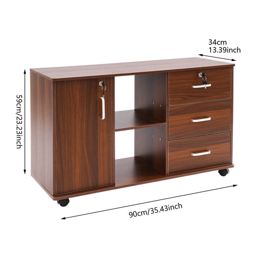 Ladeskast – Ladekast – Archiefkast – Opbergkast – Mobiele Kast – Drie Laden Met Slot – Vijf Wielen Met Remmen – Zwarte Eikenfineer – Aluminium Frame – Compact 90x34x59 cm