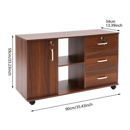 Ladeskast – Ladekast – Archiefkast – Opbergkast – Mobiele Kast – Drie Laden Met Slot – Vijf Wielen Met Remmen – Zwarte Eikenfineer – Aluminium Frame – Compact 90x34x59 cm