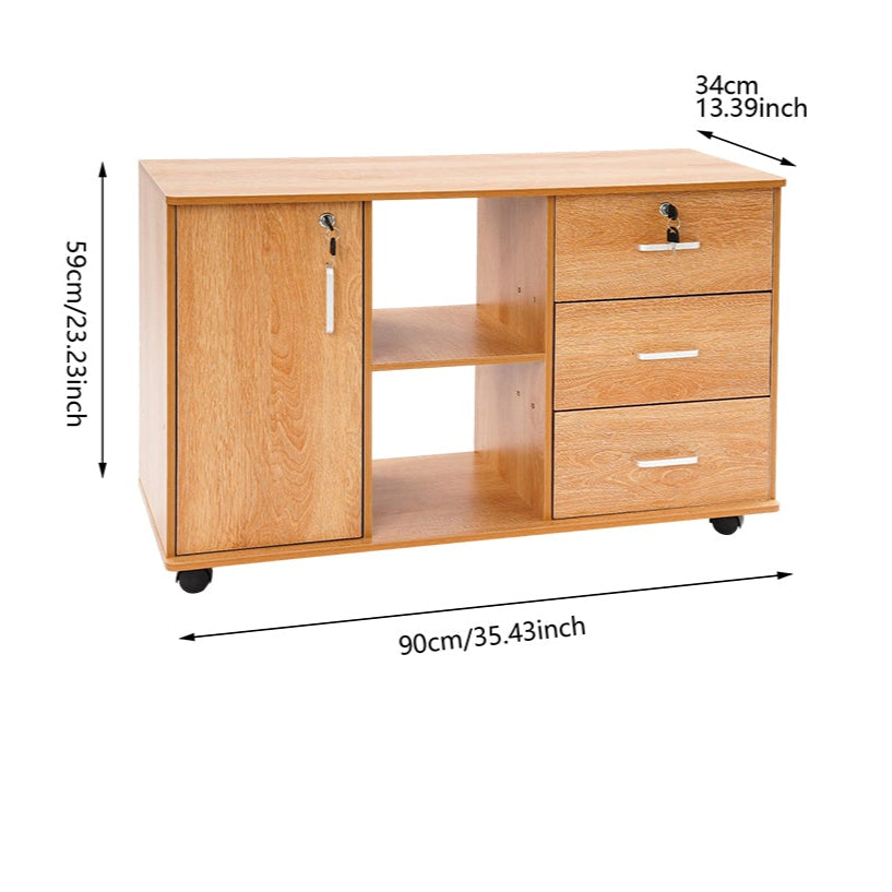 Archiefkast – Dossierkast – Opbergkast – Kantoorkast – Ladeblok – Mobiele kast met slot – 5 wielen met rem – Compact 90x34x59 cm – Hout met aluminium frame - Houtkleur