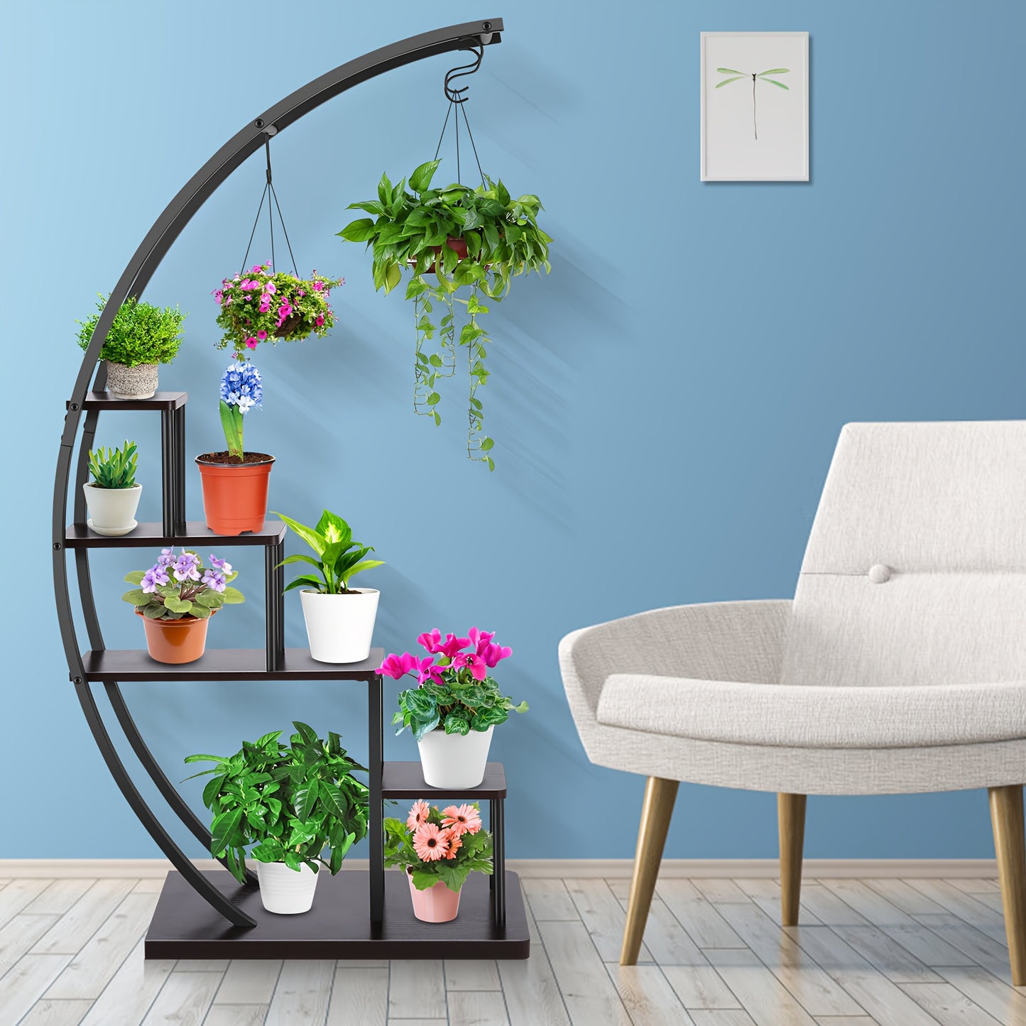 Plantenstandaard – Bloemenrek – Plantentrap – Plantenrek – Indoor plantenhouder – 5-laags metaal – Halve maan ontwerp – 4 haken – 60,96x35,56x144,78 cm – Duurzaam MDF & Metaal