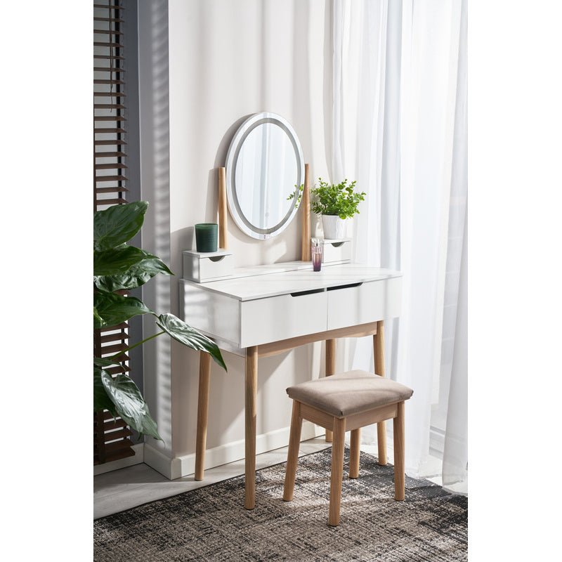 Kaptafel – Make-uptafel – Toilette – Schminktisch – Schoonheidstafel – LED-Verlichte Spiegel – 4 Lades – Mat Wit Met Beuken Hout