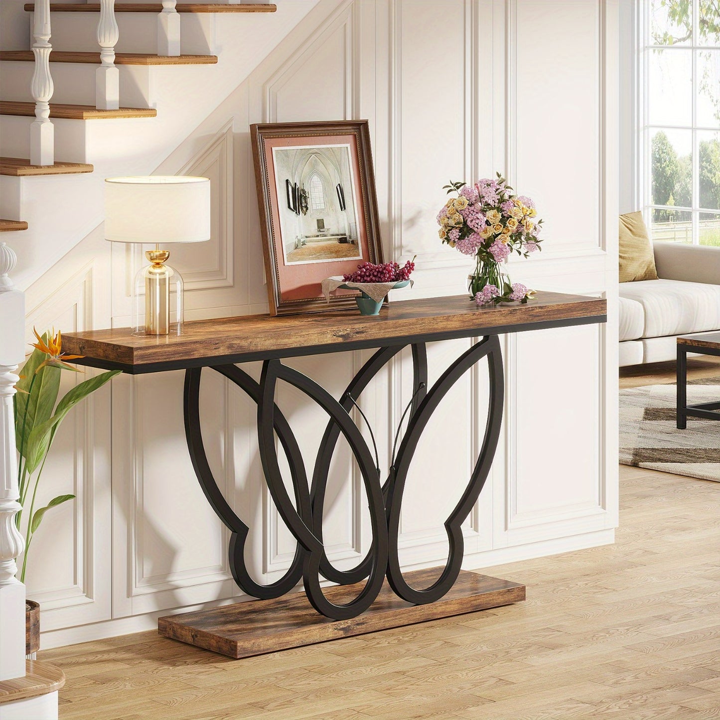 Farmhouse Sidetable – Console Table – Haltafel – Sofa Table – Gangtafel – 55 Inch – Robuust Metaal & Houten Blad – Extra Opbergruimte