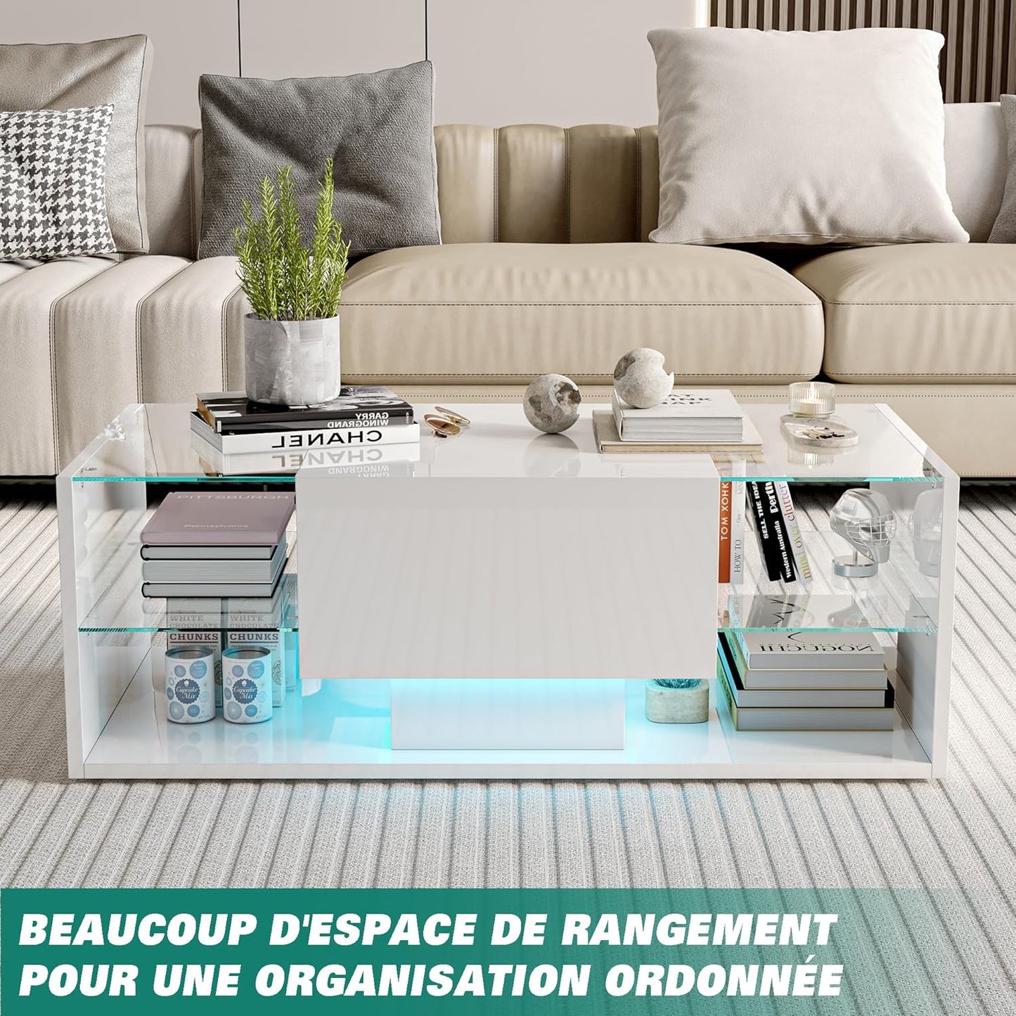 Salontafel – Woonkamertafel – Koffietafel – Tafel met Opbergruimte – LED Salontafel Wit – 100x50x35 cm – MDF en Glas Hoogglans