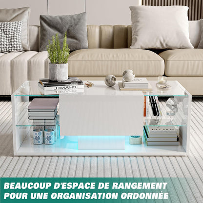 Salontafel – Woonkamertafel – Koffietafel – Tafel met Opbergruimte – LED Salontafel Wit – 100x50x35 cm – MDF en Glas Hoogglans