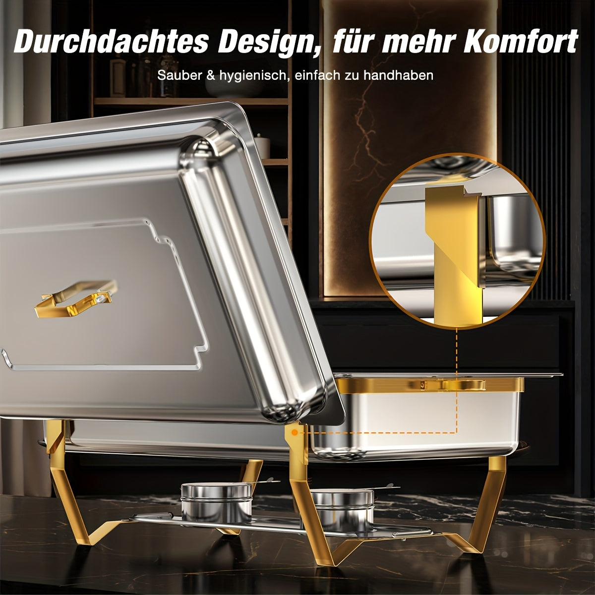 Buffetwarmer – Chafing Dish – Warmhoudbak – Voedselwarmer – Cateringpan – RVS Goudkleurig – Inklapbaar Frame – Voedselveilig 9L Set (2 stuks)