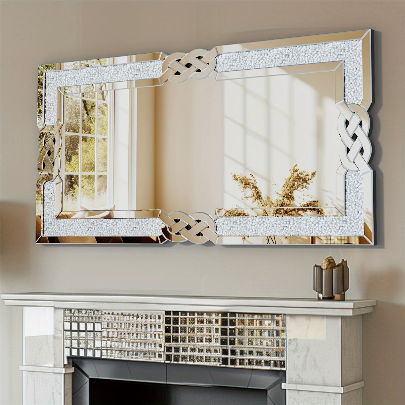 Wandspiegel – Muurspiegel – Glazen Spiegel – Decoratieve Spiegel – Badkamerspiegel – Silvery Glas Met Kristallen Rand – 120x60 cm Glamoureuze Afwerking