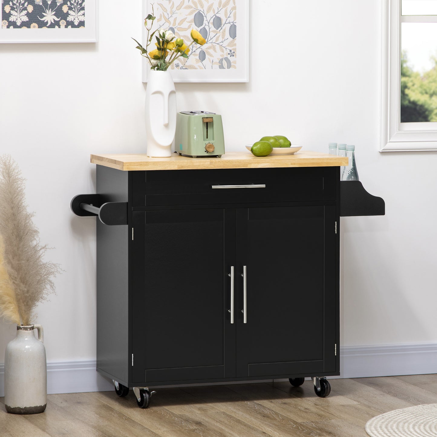Keukenwagen – Keukenkar – Serveerwagen – Werktafel – Keukenmeubel – Zwart – 109x40x89 cm – Kruidenrek en Handdoekhouder