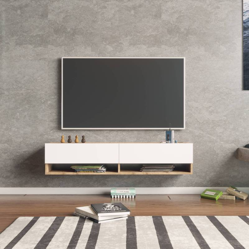 Tv-meubel – Tv-kast – Lowboard – Wandmeubel – Zwevend Tv-meubel – MDF Met Eikenprint – 140x31,5x29,5 cm – 2 Open Vakjes