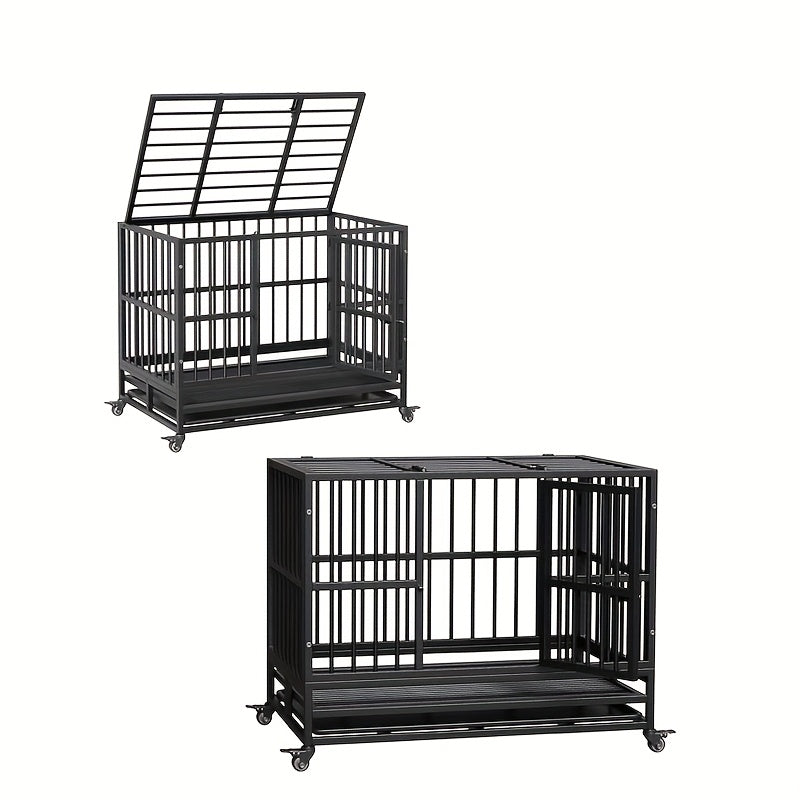 Heavy-Duty Double Door Dog Crate - Foldable Kennel with 360° Wheels, Removable Tray, Large Doors - Easy Assembly & Collapsible Design for Medium Dogs - Escape-Proof Steel Construction for Indoor/Travel Use - Ideal for Strong