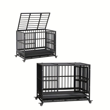 Heavy-Duty Double Door Dog Crate - Foldable Kennel with 360° Wheels, Removable Tray, Large Doors - Easy Assembly & Collapsible Design for Medium Dogs - Escape-Proof Steel Construction for Indoor/Travel Use - Ideal for Strong