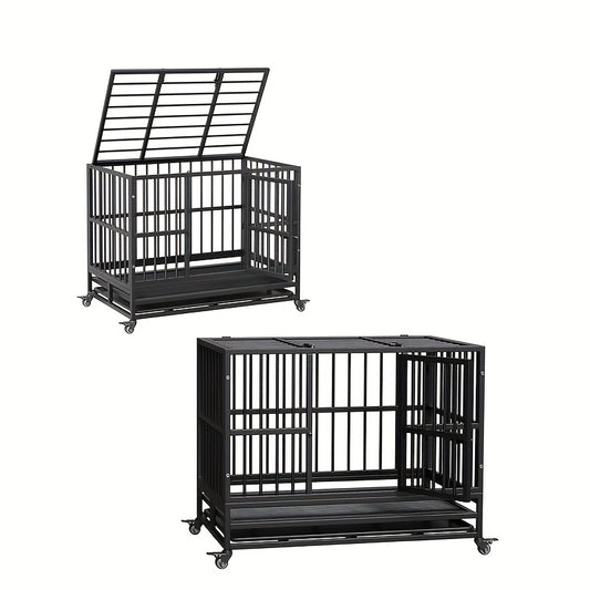 Heavy-Duty Double Door Dog Crate - Foldable Kennel with 360° Wheels, Removable Tray, Large Doors - Easy Assembly & Collapsible Design for Medium Dogs - Escape-Proof Steel Construction for Indoor/Travel Use - Ideal for Strong