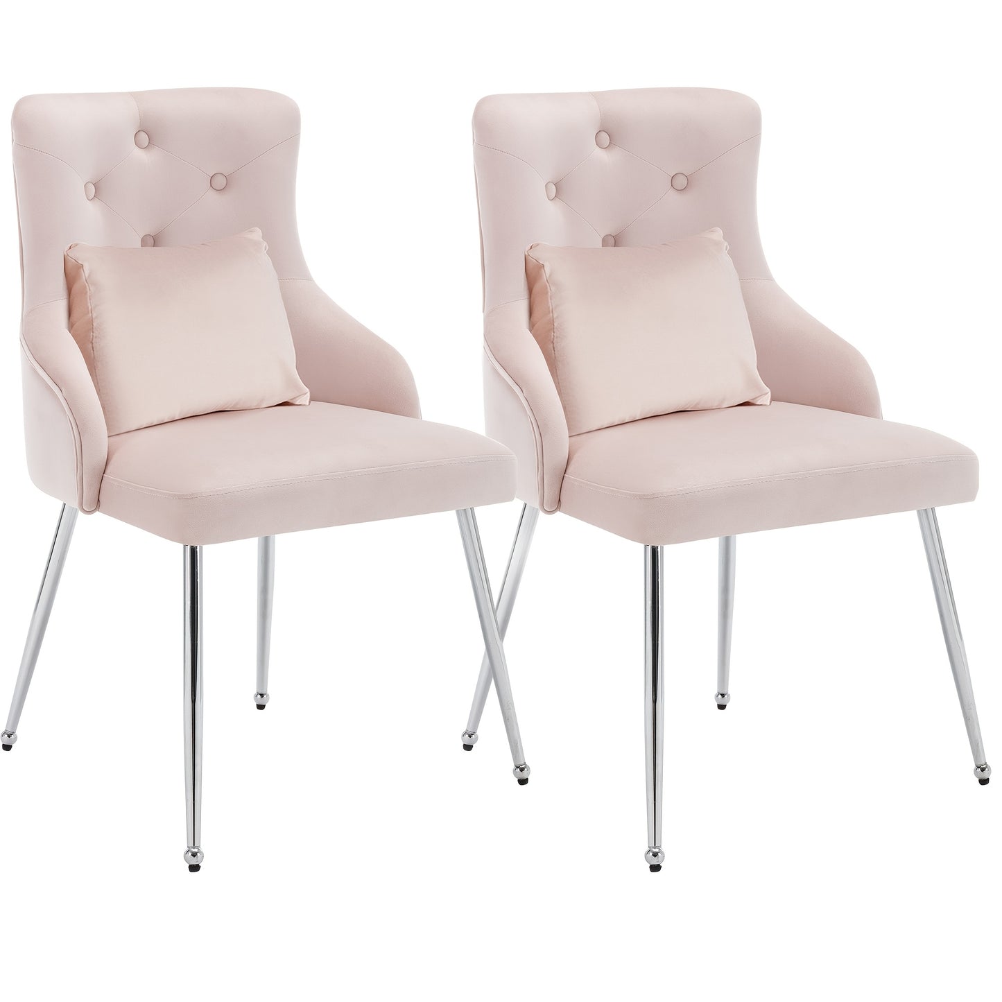 Set of 2 Modern Pink Upholstered Armchairs with Lumbar Cushion - Soft Pastel Pink Button-Tufted Backrest, Sturdy Metal Legs & White Frame, Easy-Clean Fabric for Dining Room, Living Room, - Space-Saving Lounge Chairs (No Wood