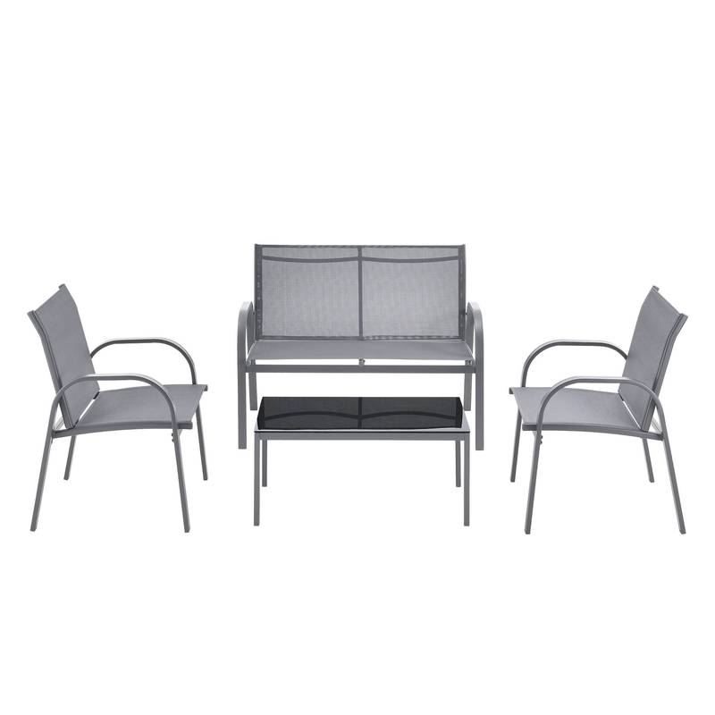 Tuinset – Tuinmeubelset – Bistroset – Loungeset – Balkonset – Stalen Frame – Glasplaat Tafel – Lichtgrijs – 2 Persoons Bank – 2 Stoelen